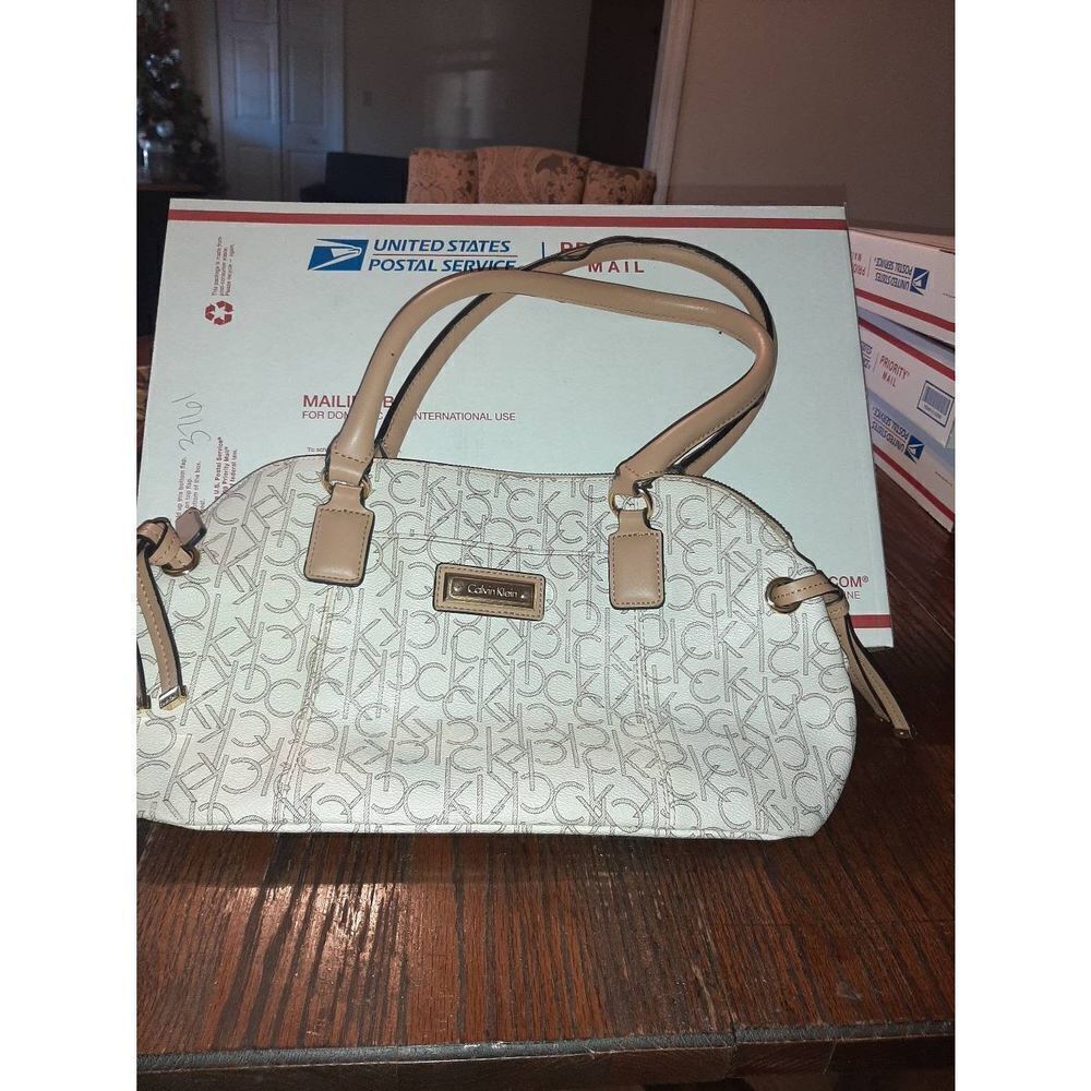 Calvin Klein Logo Tan Ivory Medium Top Handle Satchel Purse Handbag Bag